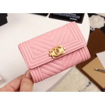 Chanel Calfskin Leather Card packet & Gold-Tone Metal A80603 pink JK1287CC86