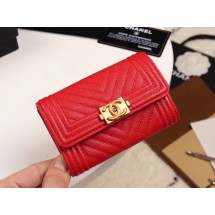 Chanel Calfskin Leather Card packet & Gold-Tone Metal A80603 red JK1285KX22