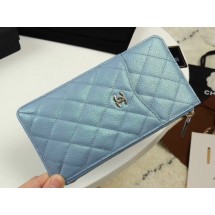 Chanel Calfskin Leather Card packet & Gold-Tone Metal A81598 light blue JK1280Yo25