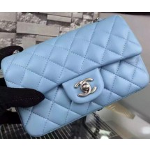 Chanel Classic mini Flap Bag SkyBlue Sheepskin Leather A67350 Silver JK632Va47