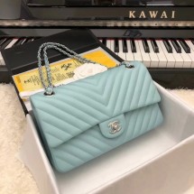 Chanel Classic original Sheepskin Leather Shoulder Bag 1112V Sky blue silver chain JK5159yk28