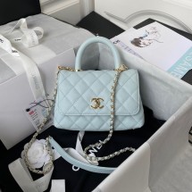 Chanel flap bag with top handle Grained Calfskin gold-Tone Metal AS2215 light blue JK2965iv85