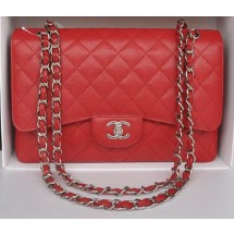 Chanel Jumbo Double Flaps Bag Red Cannage Pattern A36097 Silver JK196Ag46