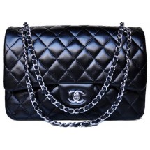 Chanel Jumbo Quilted Classic Black Sheepskin Flap Bag A58600 Silver JK695mV18