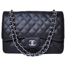 Chanel Jumbo Quilted Classic Flap Bag Black Cannage Patterns A58600 Silver JK703Ym74