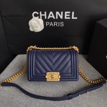 Chanel Le Boy Flap Shoulder Bag Original Calf leather A67085 dark blue Gold Buckle JK5221fH28