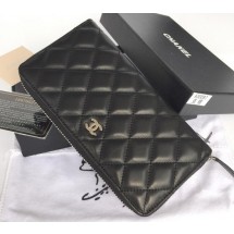 Chanel Matelasse Zip Around Wallet Black Sheepskin A50097 Silver JK1496Kd37