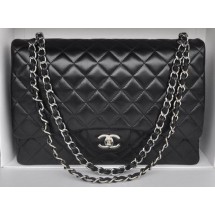 Chanel Maxi Classic Bag A36098 Black Sheepskin Silver JK184ER88