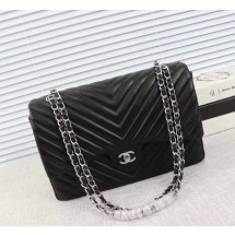 Chanel Maxi Classic Flap Bag Black Chevron Sheepskin Leather A58601 Silver JK5466Yo25