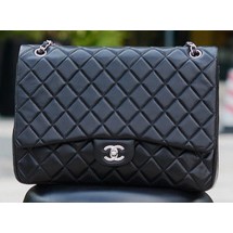 Chanel Maxi Quilted Classic Flap Bag Black Sheepskin A58601 Silver JK547zd34