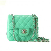 Chanel mini Classic Flap Bag Green Leather 1115 Silver Chain JK1093jo45