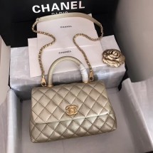 Chanel original Caviar leather flap bag top handle A92290 Light gold&Gold-Tone Metal JK4745dN21