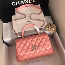 Chanel original Caviar leather flap bag top handle A92290 pink&silver-Tone Metal JK4746UW57