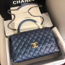 Chanel original Caviar leather flap bag top handle A92292 blue&Gold-Tone Metal JK4722KX86