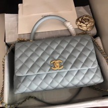 Chanel original Caviar leather flap bag top handle A92292 light blue&Gold-Tone Metal JK4759ff76