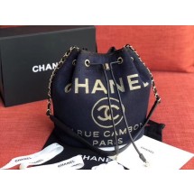 CHANEL Tweed Calfskin drawstring bag & Gold-Tone Metal AS0455 Navy JK4460Bw85