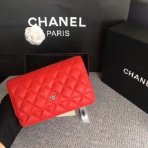 Chanel WOC Flap Bag Red Original Sheepskin Leather 33814 Silver JK5840dN21