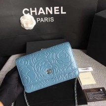 Chanel WOC Skyblue Camellia Leather mini Flap Bag A33814 Silver JK5705pA42