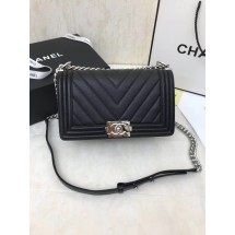 Copy 1:1 Chanel Boy Flap Caviar Original V Leather Shoulder Black Bag A67086 Silver JK4615xD64