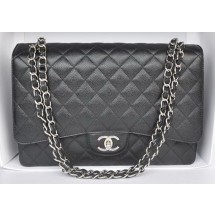 Designer Chanel Maxi Classic Bag A36098 Black Cannage Pattern Silver JK186vs94