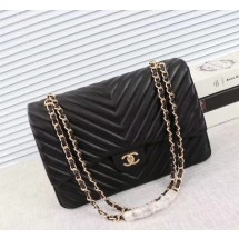 Designer Chanel Maxi Classic Flap Bag Black Chevron Sheepskin Leather A58601 Gold JK5467vs94