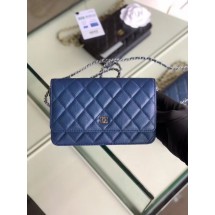 Hot Chanel classic wallet on chain Grained Calfskin & Silver-Tone Metal 33814 Pearlescent blue JK4592cT87