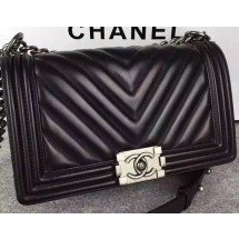 Imitation Boy Chanel Flap Bag Original Chevron Nubuck Leather A5708 Black JK335lH78