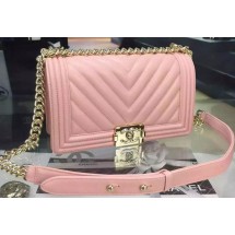 Imitation Boy Chanel Flap Bag Original Chevron Pink Nubuck Leather A5708 Gold JK331Za30