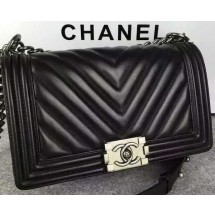 Imitation Boy Chanel Flap Bag Original Chevron Sheepskin Leather A5708 Black JK350SU87