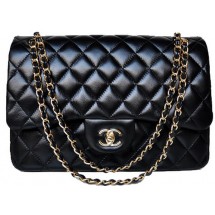 Imitation Chanel Jumbo Quilted Classic Black Sheepskin Flap Bag A58600 Gold JK696Za30