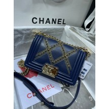 Imitation Small BOY CHANEL Handbag Crumpled Calfskin & Gold-Tone Metal A67085 dark blue JK2900Tm92