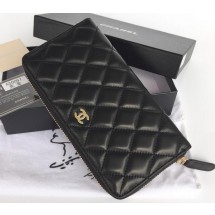 Knockoff Chanel Matelasse Zip Around Wallet Black Sheepskin A50097 Gold JK1497NL80