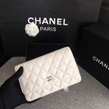 New Chanel WOC Flap Bag White Original Sheepskin Leather 33814 Silver JK5844Uf80