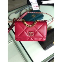 Replica Chanel 19 Classic Sheepskin Leather Chain Wallet AP0957 Red & Gold-Tone Metal JK4447Fi42