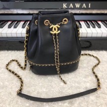 Replica Chanel drawstring bag Calfskin & Gold-Tone Metal AS0373 black JK4800TN94