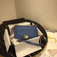 AAAAA Imitation Chanel Le Boy Flap Shoulder Bag Original Leather Blue A67086 Gold JK4568oT91