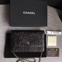 Best Chanel WOC Black Camellia Leather mini Flap Bag A33814 Silver JK5713Ml87