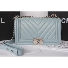 Boy Chanel Flap Bag Original Chevron Sheepskin A67025 Light Blue JK296Mn81