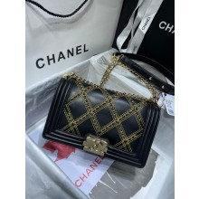 BOY CHANEL Handbag Crumpled Calfskin & Gold-Tone Metal A67086 black JK2897KX86