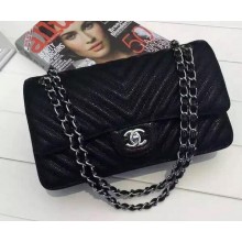 Chanel 2.55 Series Flap Bag Black Cannage Pattern Chevron Leather A1112V Silver JK61dV68