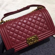 Chanel Boy Flap Shoulder Bag Burgundy Original Sheepskin Leather A67086 Bronze JK273yj81