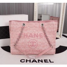 Chanel Canvas Shopping Bag Calfskin & Silver-Tone Metal A23556 pink JK5052yx89