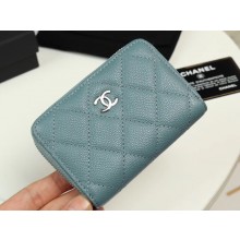 Chanel classic card holder Grained Calfskin & silver-Tone Metal A69271 light Blue JK1300EB28