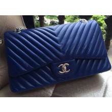 Chanel Classic Flap Bag Blue Sheepskin Chevron Quilting A1113 Silver JK214Xw85