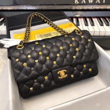 CHANEL Classic Handbag Lambskin Gold-Tone & Ruthenium-Finish Metal A01112 Black JK4934aM39