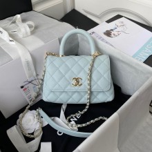 Chanel flap bag with top handle Grained Calfskin gold-Tone Metal AS2215 light blue JK2965iv85