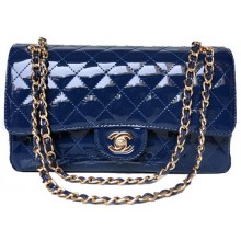 Fake Chanel 2.55 Series Flap Bag Blue Patent Leather A1112 Gold JK708xE84