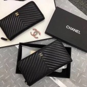 Chanel Chevron Sheepskin Leather Zippy Wallet Black A50498 Silver JK1291Ag46