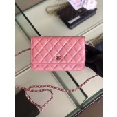 Chanel classic wallet on chain Grained Calfskin & Silver-Tone Metal 33814 Pearlescent Pink JK4594Il41