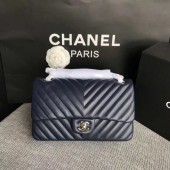 Chanel Flap Shoulder Bag Dark Blue Original Sheepskin Leather CF1112V Silver JK5307nS91